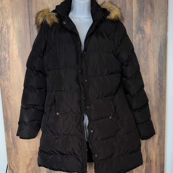 Women's Long Black Puffer Coat with Faux Fur Trim L                 P137 - Picture 1 of 10